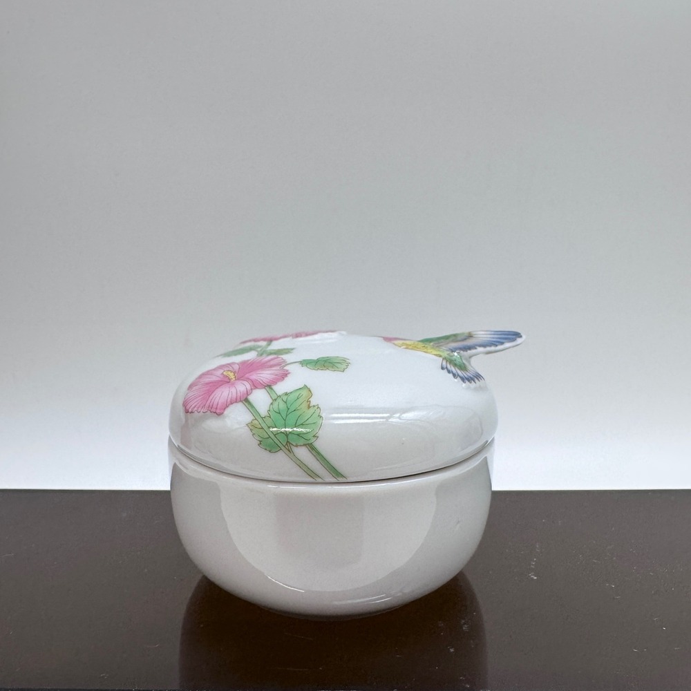 70's Takahashi Trinket Box White Porcelain Hummingbird Pink Floral Made in Japan